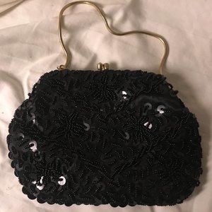 Du Val Black Purse Hong Kong Sequin Beads Evening Hand Chain Bag Clasp Vintage